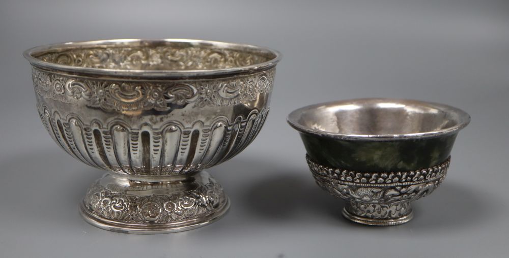 A late Victorian repousse silver rose bowl, James Deakin & Sons, Sheffield, 1895, 14.7cm, 6.5oz & one other bowl.